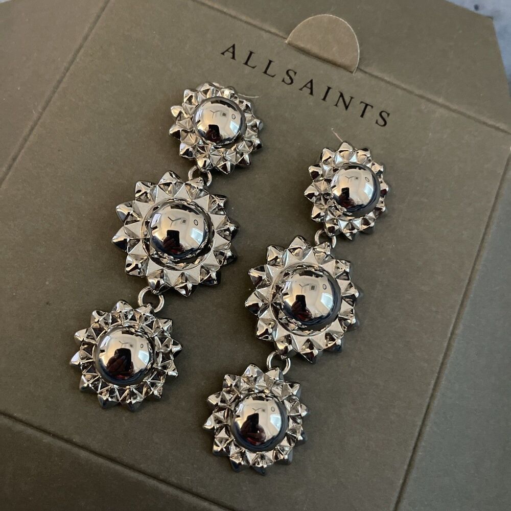 New Silver-Toned AllSaints Three-Tier Sunburst Earrings